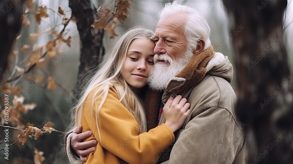 Fototapeta premium Elder man hug with his granddaughter