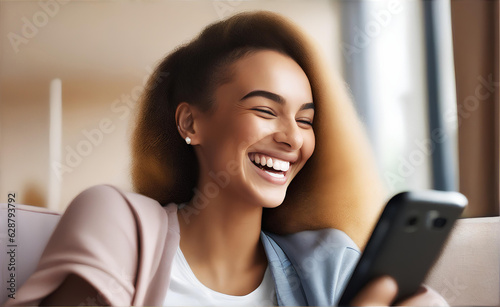 A joyful smiling woman sitting on the couch and using a mobile phone, laughing while holding a smartphone, ai