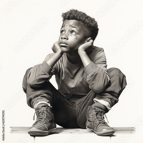Black boy in thinking and doubts pose monochrome illustration. Young male character with dreamy face on abstract background. Ai generated black and white sketch poster.