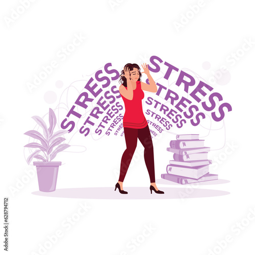 The woman looks with a stressed, sad, and worried expression. Trend Modern vector flat illustration