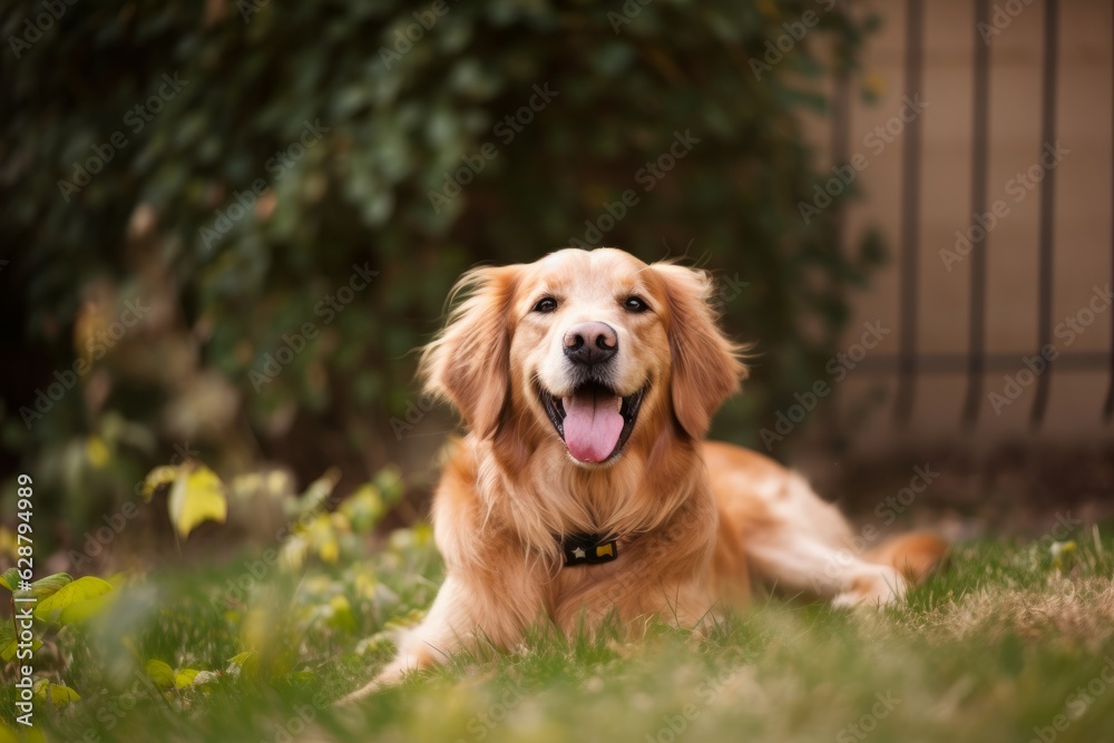 suburban happy summer dog portait in an outside summer home yard