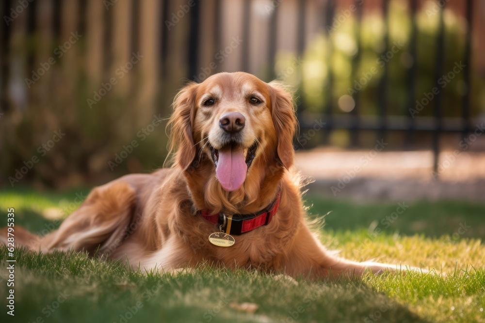 wide shot depth of field portrait of a happy golden retriever dog in a suburban neighborhood yard wide shot depth of field portrait of a happy golden retriever dog in a suburban neighborhood yard