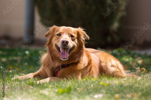 wide shot depth of field portrait of a happy golden retriever dog in a suburban neighborhood yard