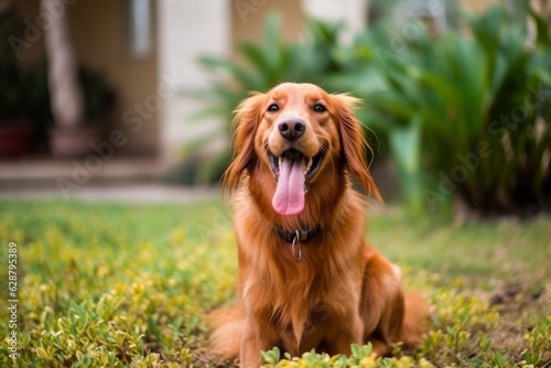 happy golden retriever in a tranquil neighborhood yard summer portrait