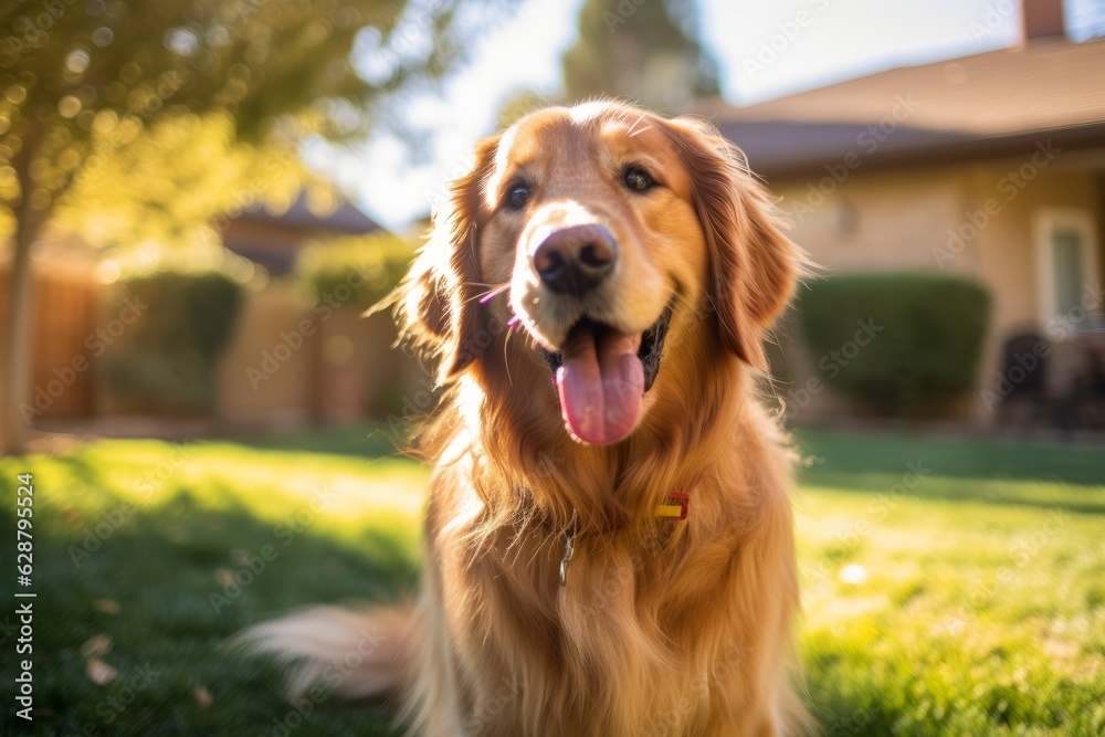 happy golden retriever in a tranquil neighborhood yard summer portrait happy golden retriever in a tranquil neighborhood yard summer portrait