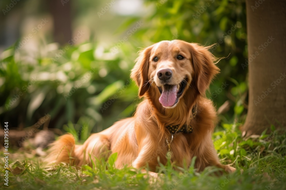 happy golden retriever in a tranquil neighborhood yard summer portrait happy golden retriever in a tranquil neighborhood yard summer portrait