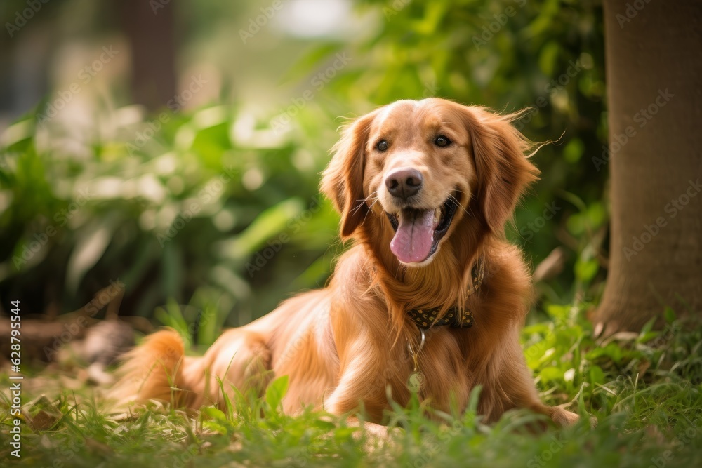 happy golden retriever in a tranquil neighborhood yard summer portrait