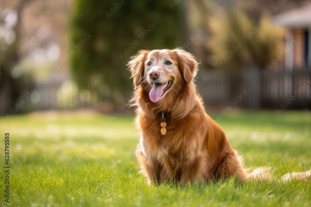 happy golden retriever in a tranquil neighborhood yard summer portrait happy golden retriever in a tranquil neighborhood yard summer portrait