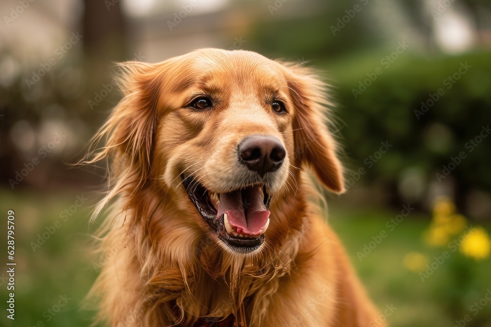 happy golden retriever in a tranquil neighborhood yard summer portrait