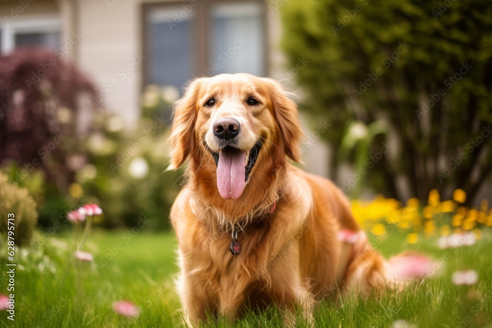 happy golden retriever in a tranquil neighborhood yard summer portrait happy golden retriever in a tranquil neighborhood yard summer portrait
