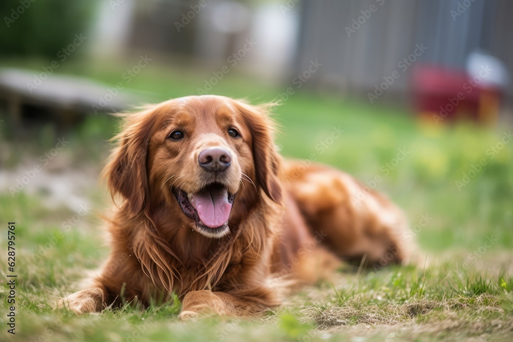 happy golden retriever in a tranquil neighborhood yard summer portrait happy golden retriever in a tranquil neighborhood yard summer portrait