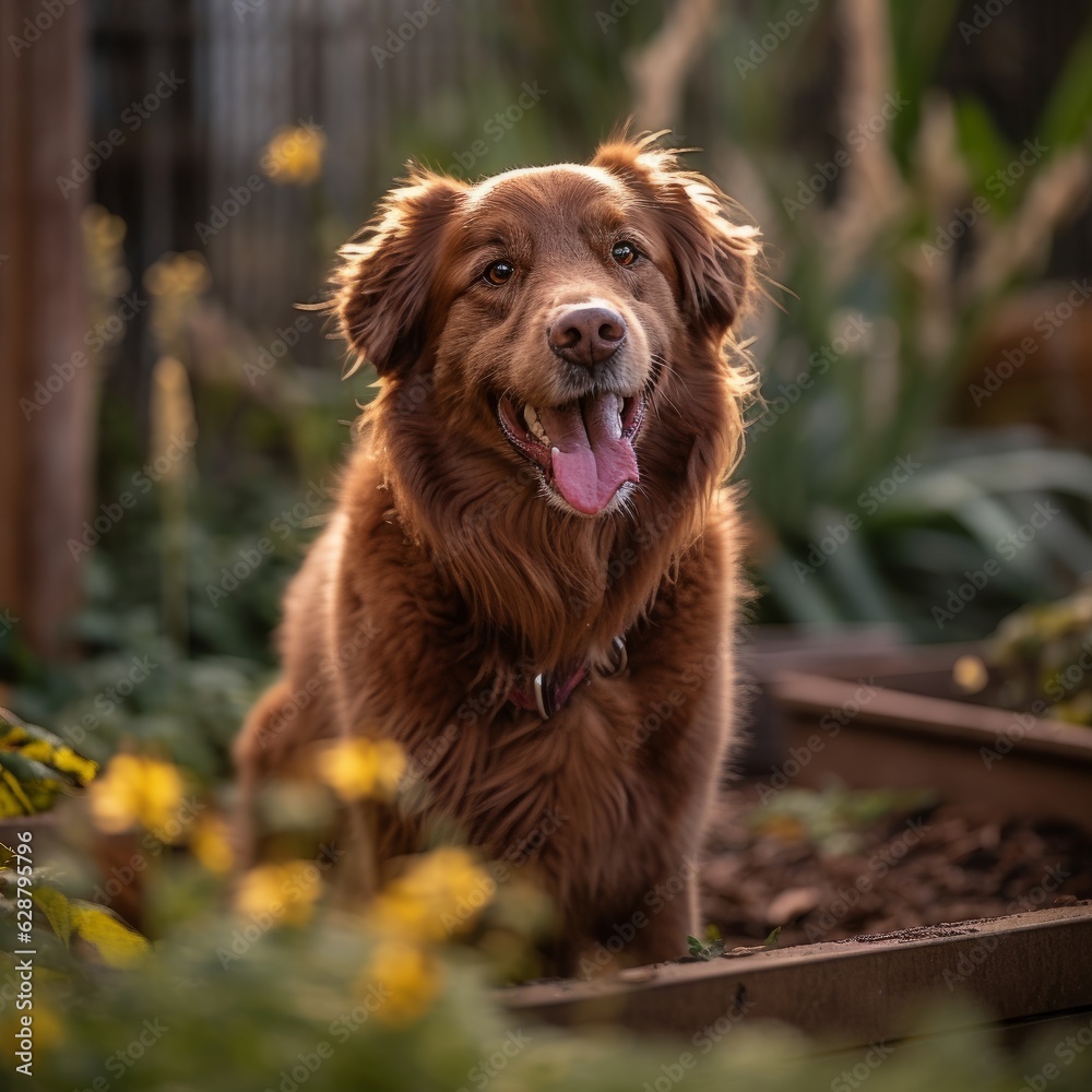 happy golden retriever in a tranquil neighborhood yard summer portrait happy golden retriever in a tranquil neighborhood yard summer portrait