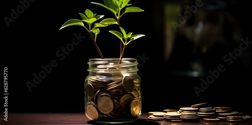 Jar with a green plant in the center surrounded by coins. Sprout growing on glass piggy bank in saving money concept created with Generative AI technology
