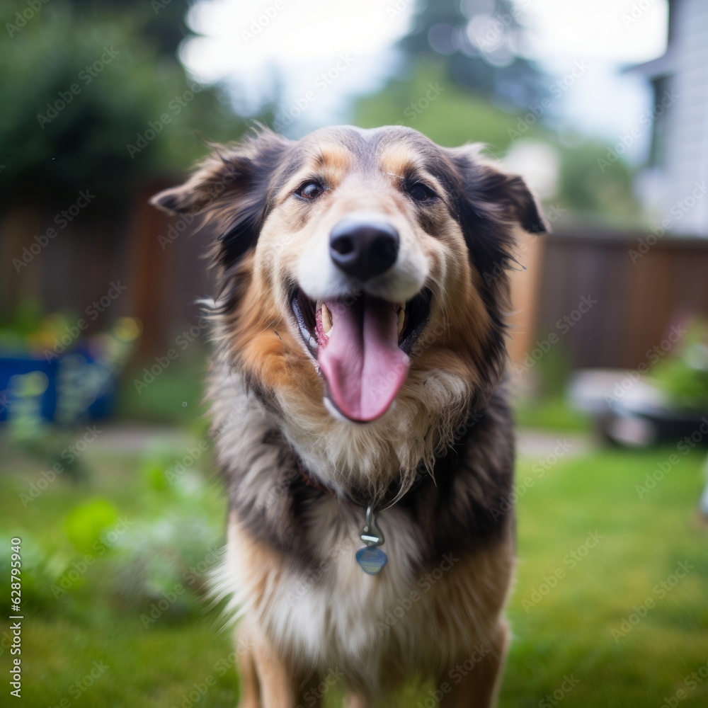 happy golden retriever in a tranquil neighborhood yard summer portrait happy golden retriever in a tranquil neighborhood yard summer portrait