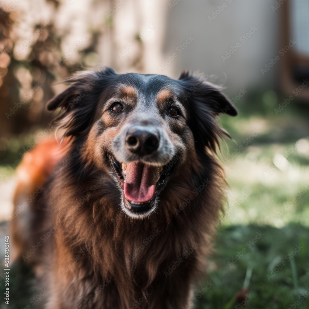 a happy dog panting in a summer yard during a nice day outside