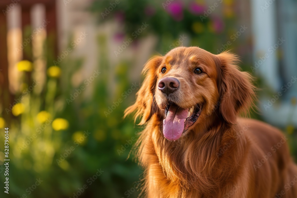a happy dog panting in a summer yard during a nice day outside