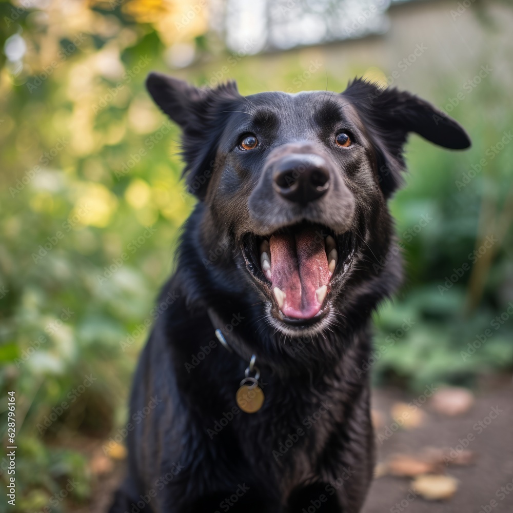 a happy dog panting in a summer yard during a nice day outside a happy dog panting in a summer yard during a nice day outside