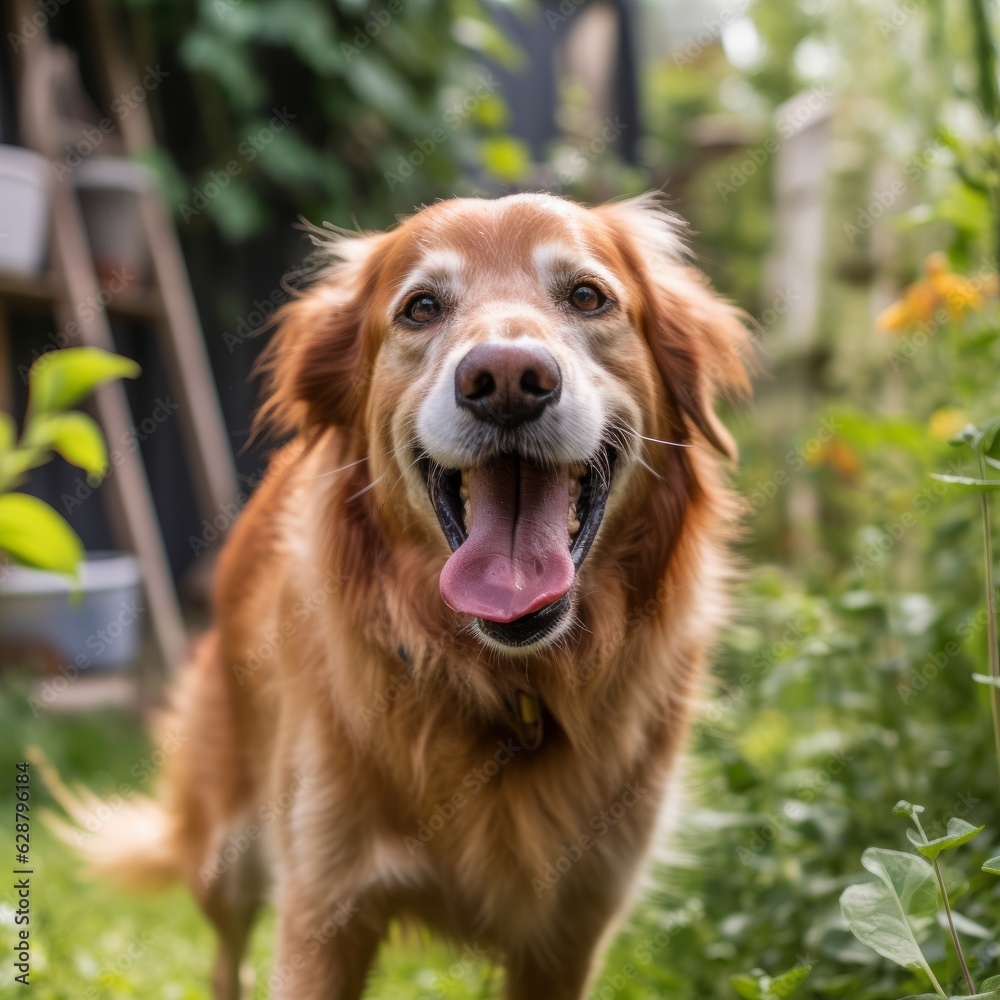a happy dog panting in a summer yard during a nice day outside a happy dog panting in a summer yard during a nice day outside