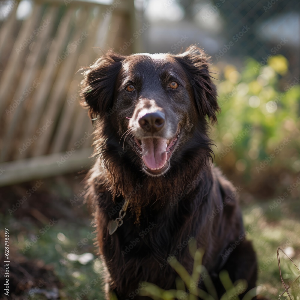a happy dog panting in a summer yard during a nice day outside a happy dog panting in a summer yard during a nice day outside