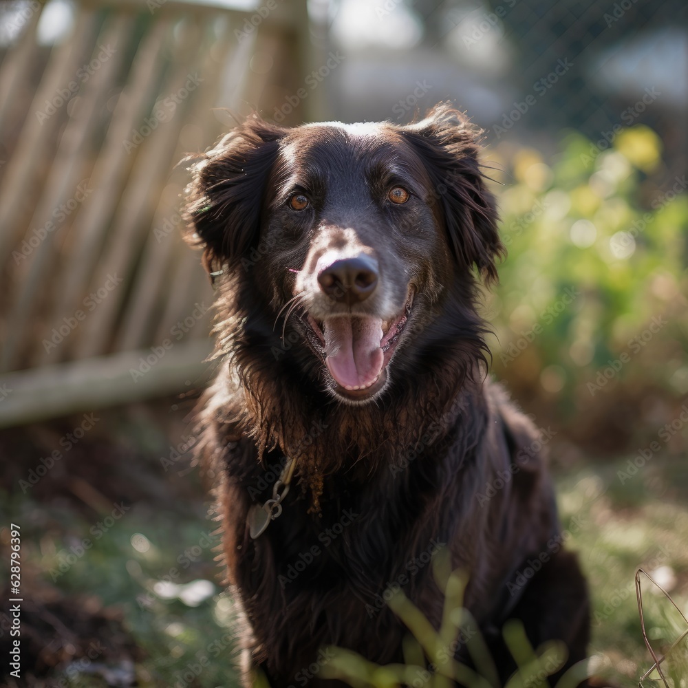 a happy dog panting in a summer yard during a nice day outside