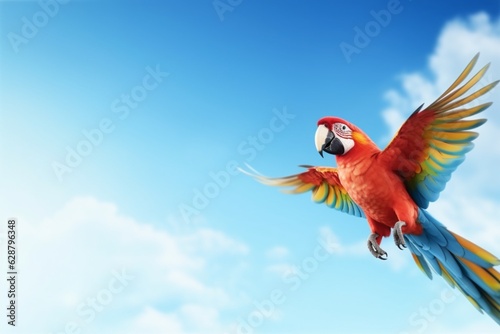 Ara parrot bright flying in a blue sky. AI generated © Valery