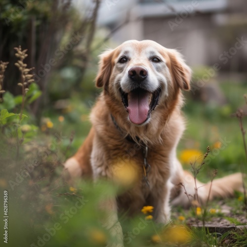 a happy dog panting in a summer yard during a nice day outside © AberrantRealities