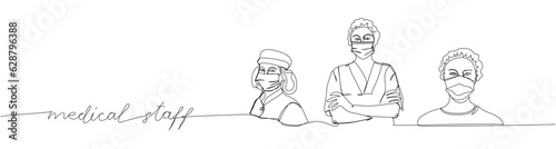 Medical staff set. Doctor, medical uniform, nurse, protection, hygiene, sterility, equipment one line art. Continuous line drawing of medication, clinical, with inscription, lettering, handwritten.