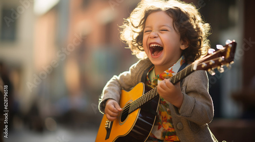 Fotografia From the heart! A child's pure joy and laughter while strumming their guitar wit