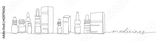 Medicine set. Spray, drops, cough syrup, constipation syrup, herbal tincture, medicine one line art. Continuous line drawing of medicine, therapy, allergy with inscription, lettering, handwritten.