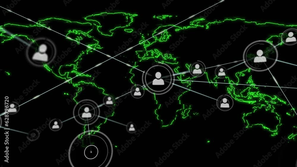 Animation of network of profile icons over world map against black background Animation of network of profile icons over world map against black background