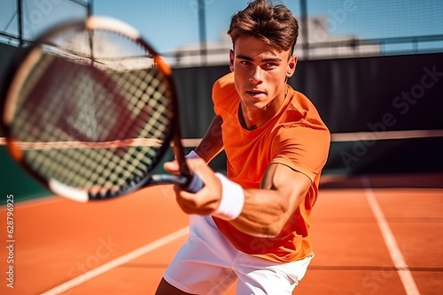 Tennis player, Focused young male hitting a ball.