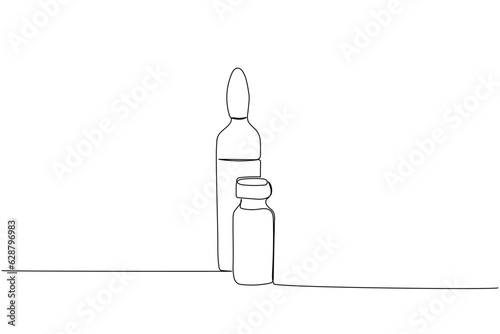 Medicine ampoules, serum, vaccine, glucose, oil one line art. Continuous line drawing of treatment, medication, pharmaceutical, medical, pharmacy, medicine, therapy, allergy