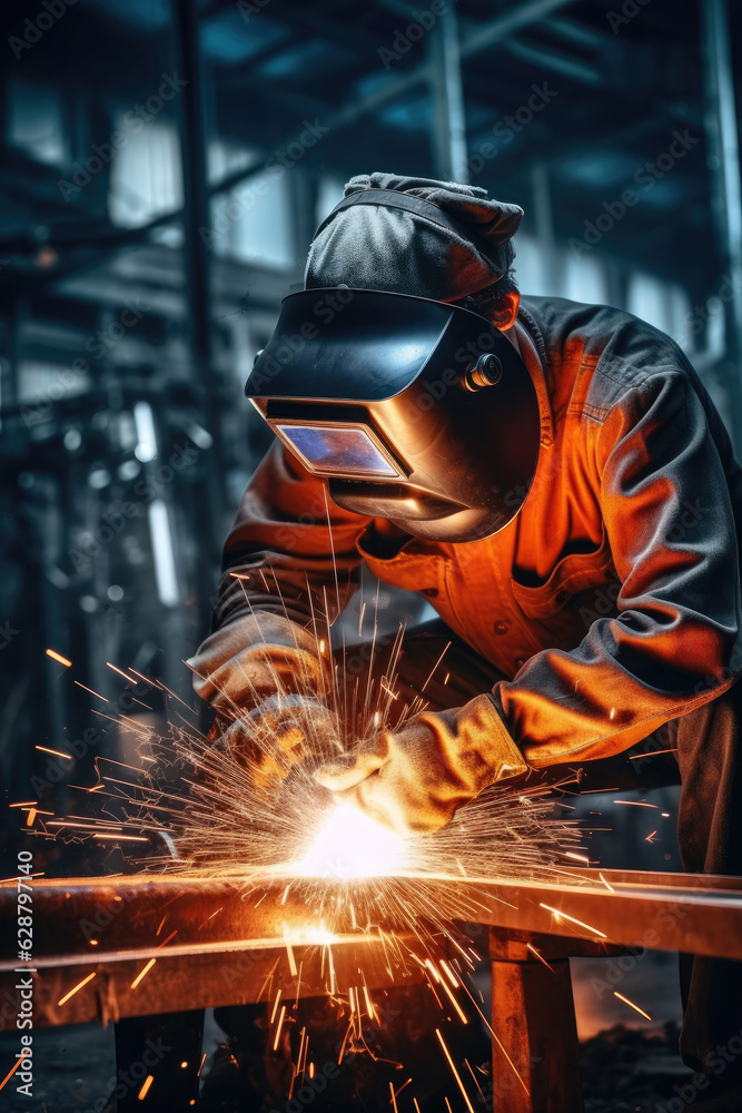 welder at work, welding metal with visible electric arc and sparkles welder at work, welding metal with visible electric arc and sparkles