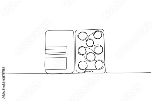 Blister pack, tablets, pills, capsules, packaged medicines, herbal, medicine one line art. Continuous line drawing of treatment, medication, medical, pharmacy, therapy, allergy
