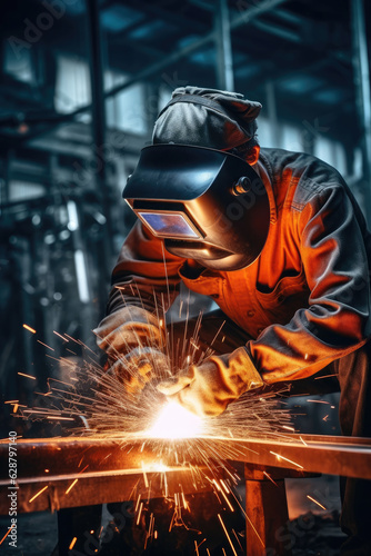 welder at work, welding metal with visible electric arc and sparkles