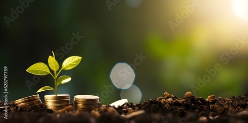 Seedling growing on a pile of coins has a natural backdrop, blurry green, money-saving ideas, and economic growth created with Generative AI technology