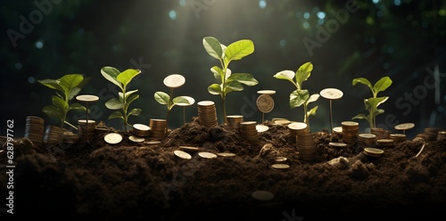 Seedling growing on a pile of coins has a natural backdrop, blurry green, money-saving ideas, and economic growth created with Generative AI technology
