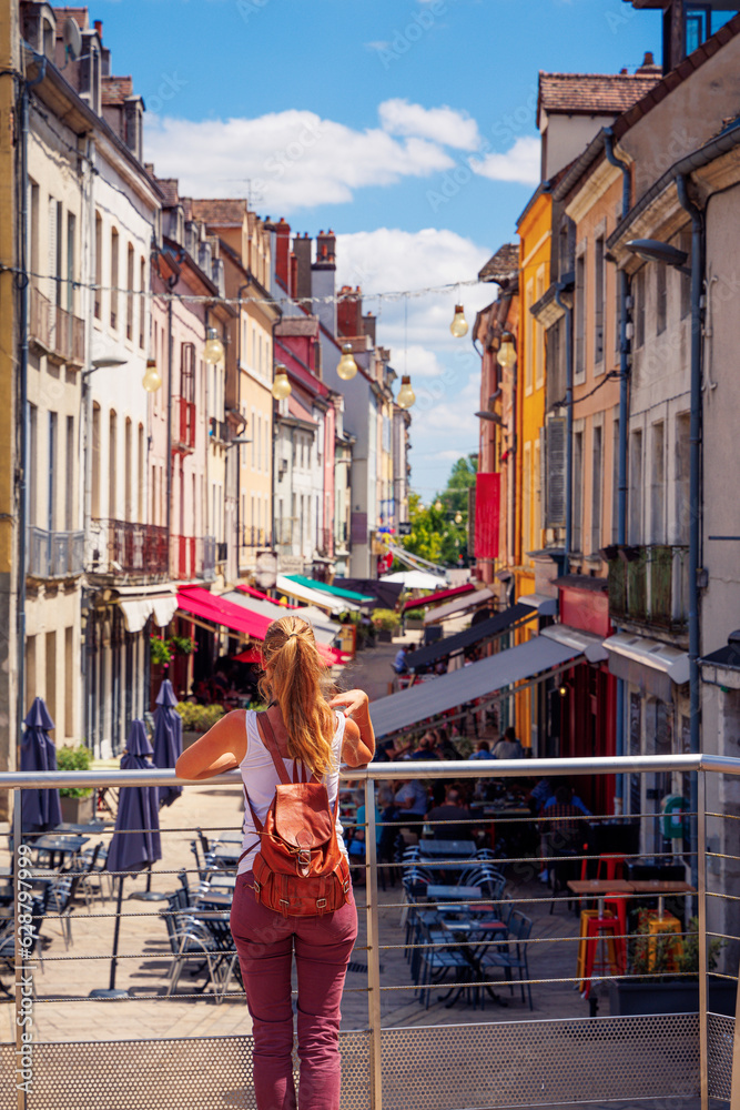 Woman tourist in Chalon-sur-Saone street city- Burgundy in France