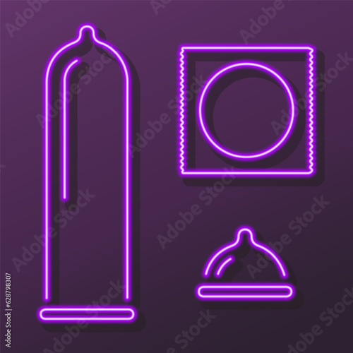 condom neon sign, modern glowing banner design, colorful modern design trends on black background. Vector illustration.