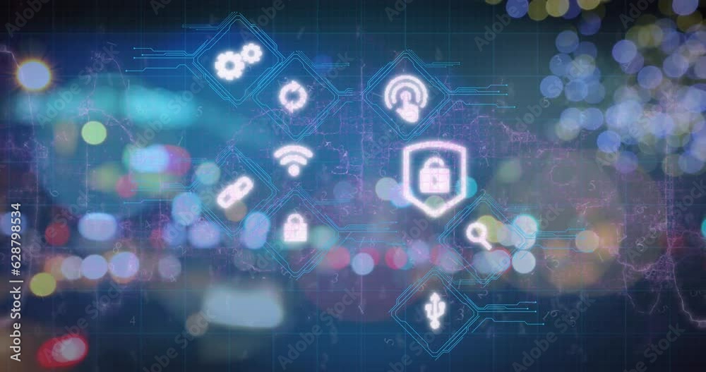 Animation of multiple digital icons over blurred view of night city traffic