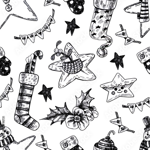 Seamless pattern with Christmas items. Black and white graphics on a light background. Festive wrapping paper, napkins, towels, tablecloths, textiles, background