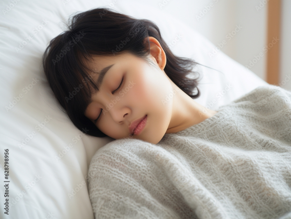 寝ている女性 穏やかな寝顔 ショートカット | Sleeping woman, calm sleeping face, short cut hair. Generative AI 寝ている女性 穏やかな寝顔 ショートカット | Sleeping woman, calm sleeping face, short cut hair. Generative AI
