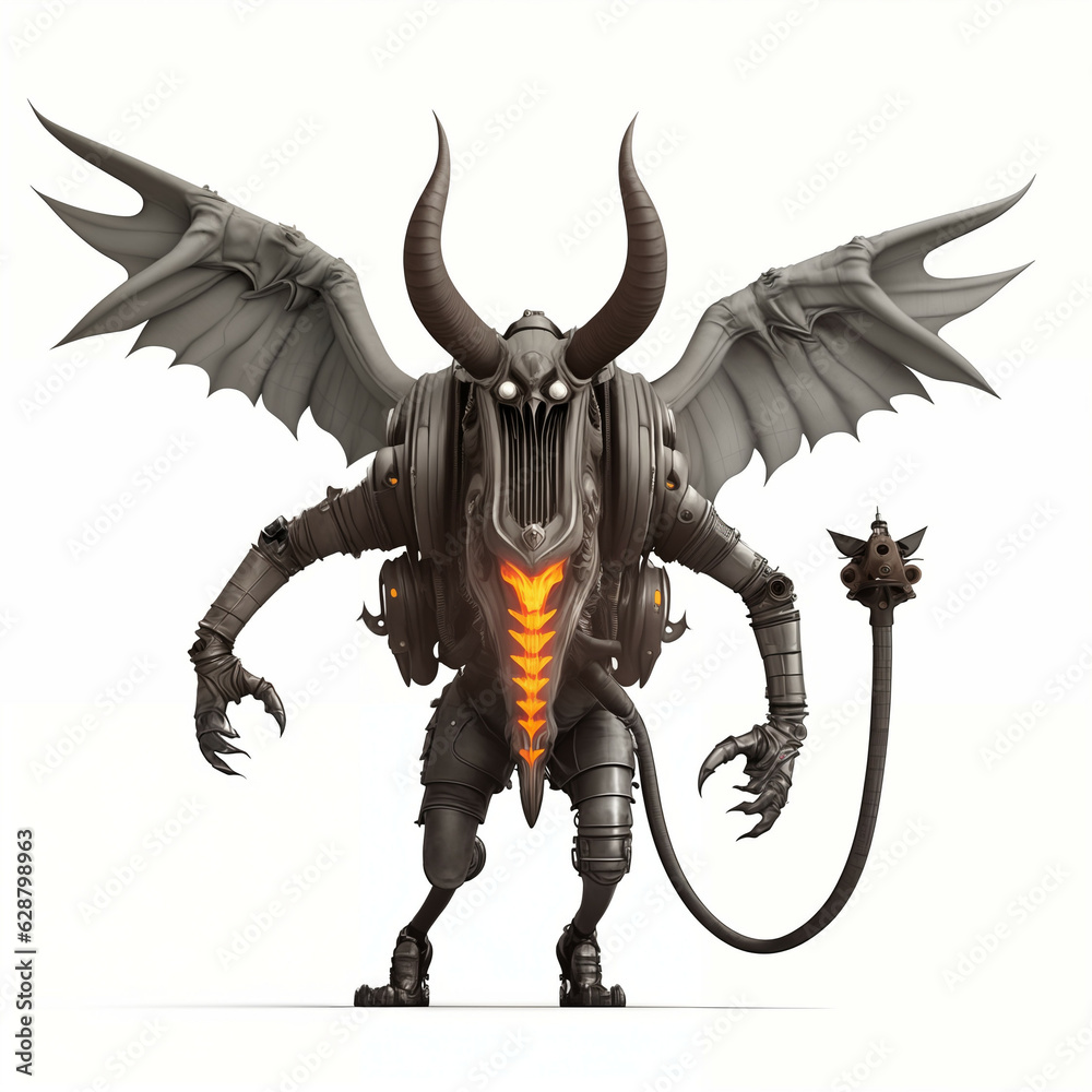 Mechanical Monster with horns and wings. Dieselpunk style. Isolated on white background. Generative AI. Mechanical Monster with horns and wings. Dieselpunk style. Isolated on white background. Generative AI.