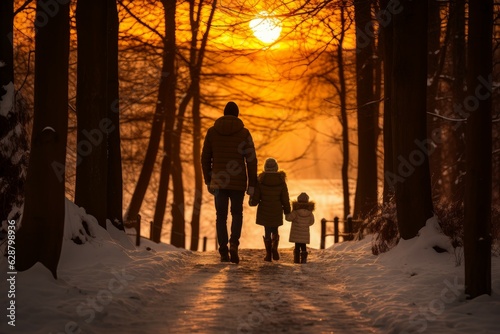 Family winter forest sunset way. Generate Ai
