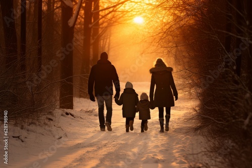 Family winter forest sunset active. Generate Ai