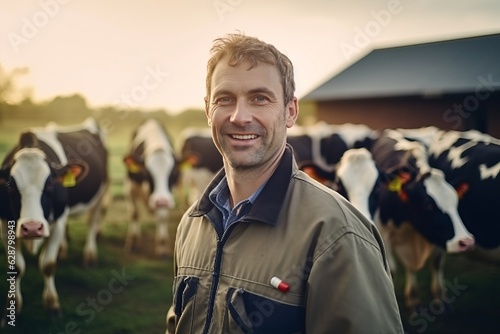 Canvas Print farmer on the background of cows