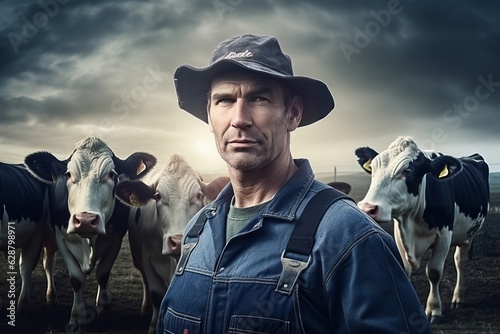 farmer on the background of cows. The concept of a dairy farm. eco milk. generative ai.