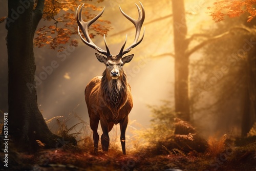 deer with big horns in a dense forest in the rays of morning light. The concept of animal protection. generative ai. © robertuzhbt89