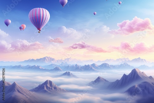 Sky mountains clouds balloons. Generate Ai