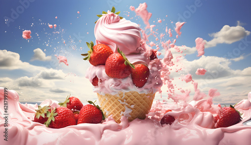 3d illustration  of  strawberry ice-cream created  with Generative AI technology photo